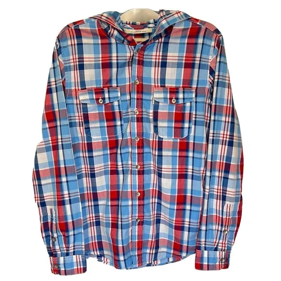 Levis Modern Fit Hooded Button Up L/S Shirt Mens Medium Red White Blue Plaid - Picture 1 of 16